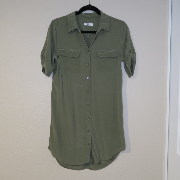 Equipment Button Up Shirt Dress Silk Mini Olive Green Lightweight Slim Fit Small - Picture 9 of 9